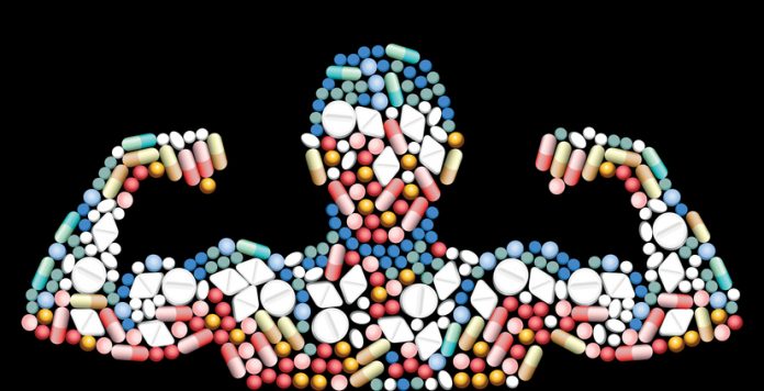 Sports doping, anabolic drugs, pills and capsules - shape of a male muscular upper body - symbol for medical drug abuse. Isolated vector illustration on black background.